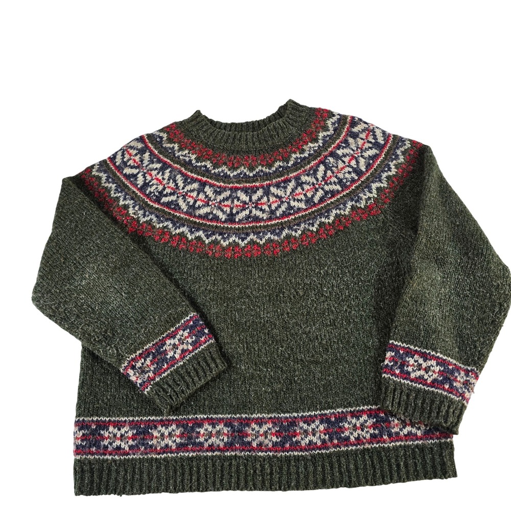 VTG Croft & Barrow Women Medium Green Fair Isle Yoke Wool Blend Crewneck Sweater